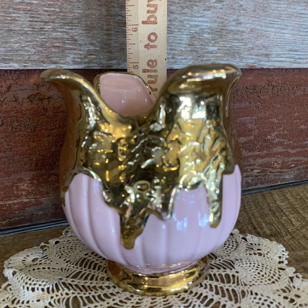 Hollywood Regency Vase MCM Dripping 22K Gold Pink Made in USA stamped  READ - Picture 7 of 12